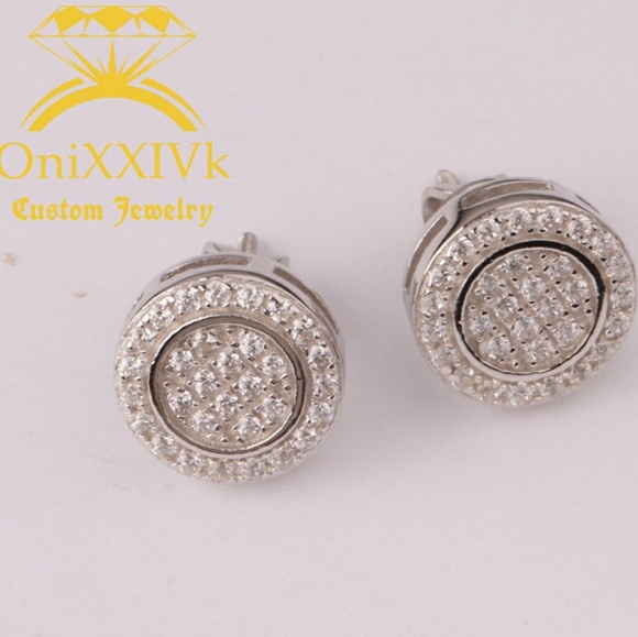 Iced Out Custom 925 Silver Round Studded Earrings - Picture 1 of 2